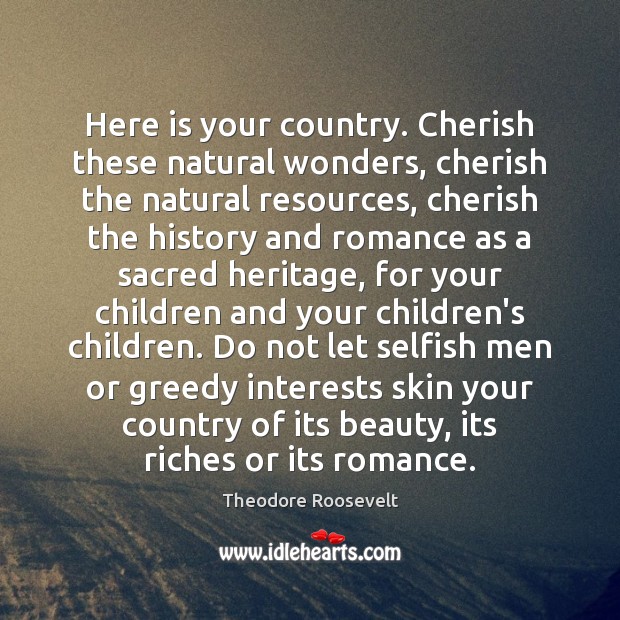 Here is your country. Cherish these natural wonders, cherish the natural resources, Theodore Roosevelt Picture Quote
