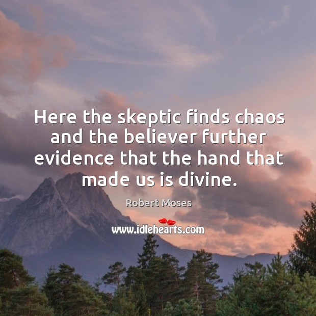 Here the skeptic finds chaos and the believer further evidence that the hand that made us is divine. Robert Moses Picture Quote