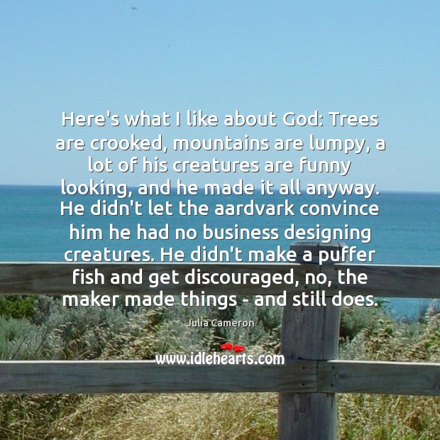 Here’s what I like about God: Trees are crooked, mountains are lumpy, Business Quotes Image