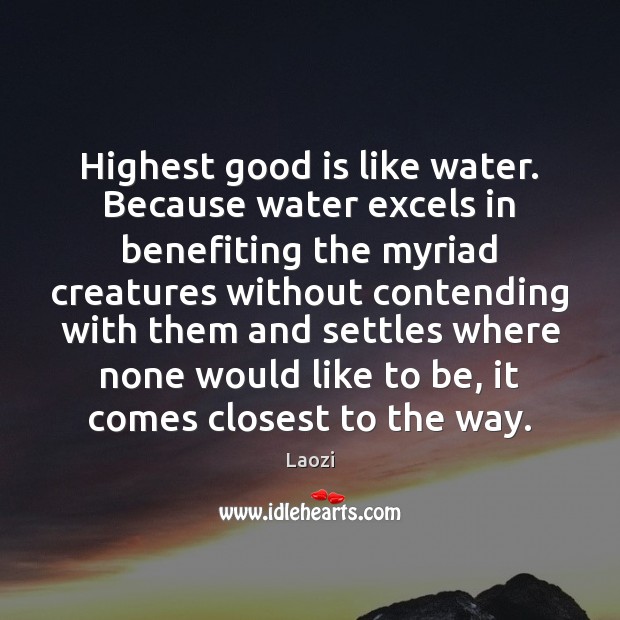 Highest good is like water. Because water excels in benefiting the myriad Laozi Picture Quote