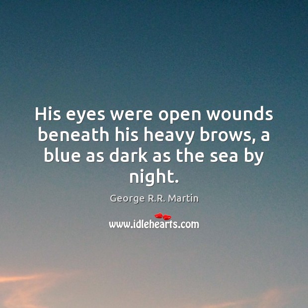 His eyes were open wounds beneath his heavy brows, a blue as dark as the sea by night. George R.R. Martin Picture Quote