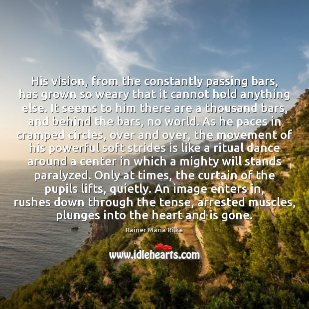 His vision, from the constantly passing bars, has grown so weary that Rainer Maria Rilke Picture Quote