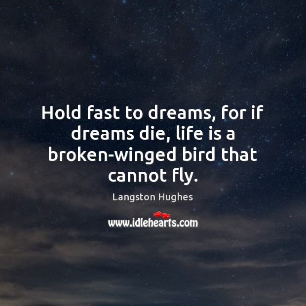 Hold fast to dreams, for if dreams die, life is a broken-winged bird that cannot fly. Langston Hughes Picture Quote