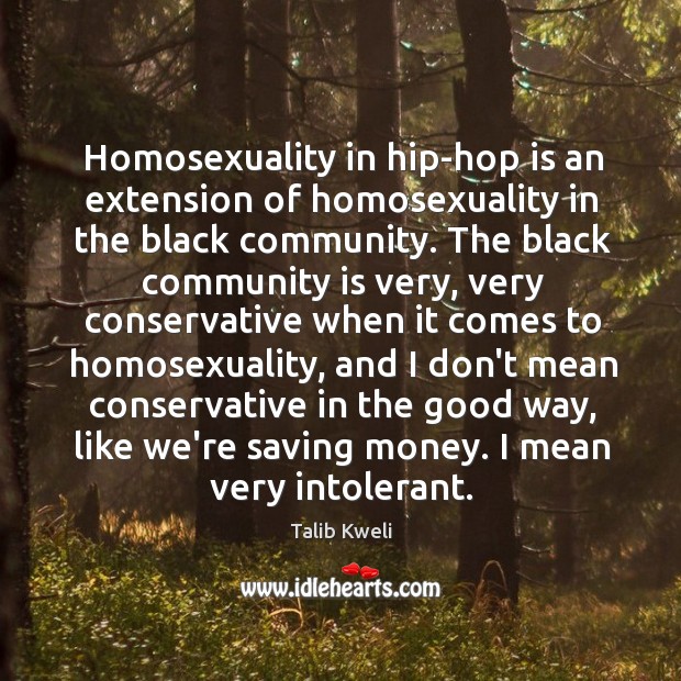 Homosexuality in hip-hop is an extension of homosexuality in the black community. Talib Kweli Picture Quote