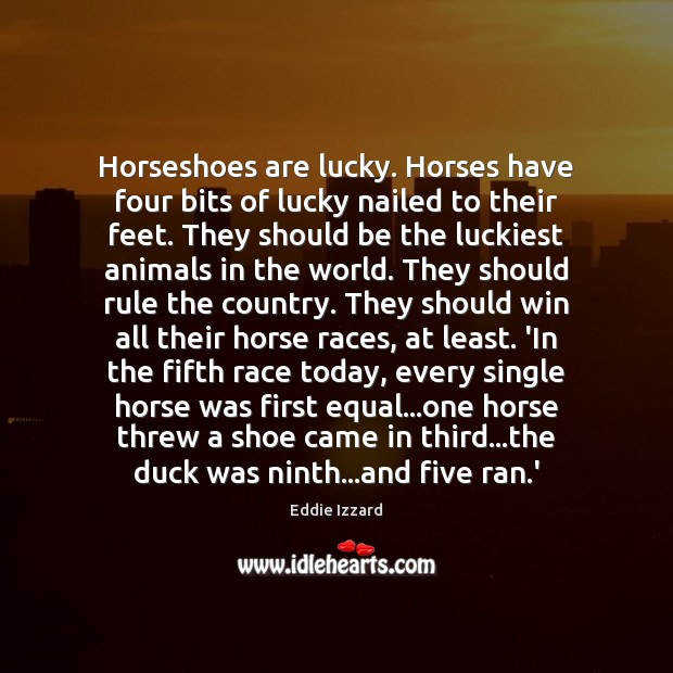 Horseshoes are lucky. Horses have four bits of lucky nailed to their Eddie Izzard Picture Quote