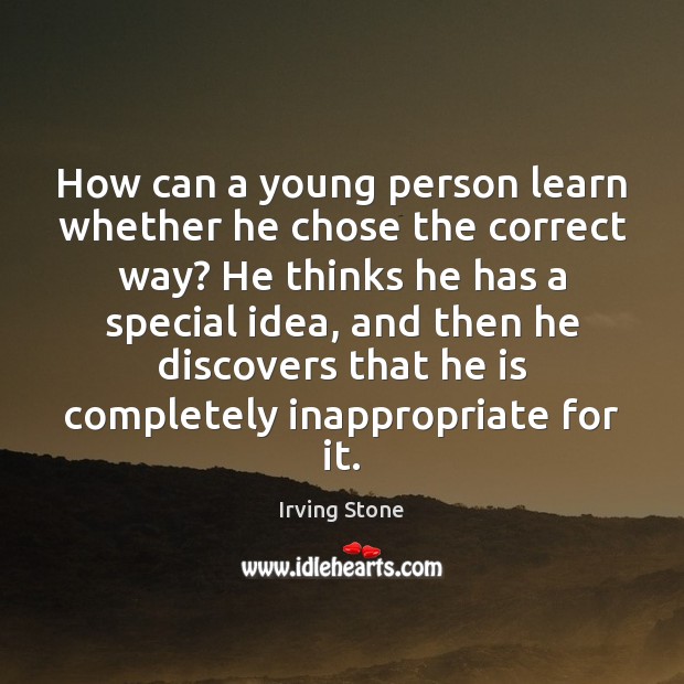 How can a young person learn whether he chose the correct way? Irving Stone Picture Quote