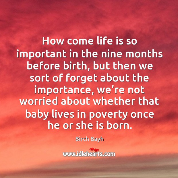 How come life is so important in the nine months before birth, but then we sort of forget Birch Bayh Picture Quote