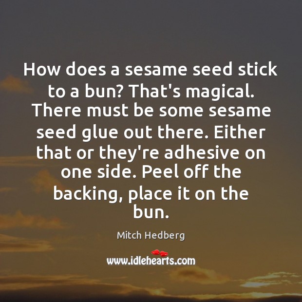 How does a sesame seed stick to a bun? That’s magical. There Mitch Hedberg Picture Quote