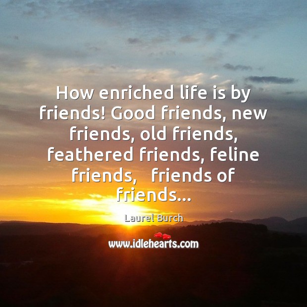 How enriched life is by friends! Good friends, new friends, old friends, Laurel Burch Picture Quote