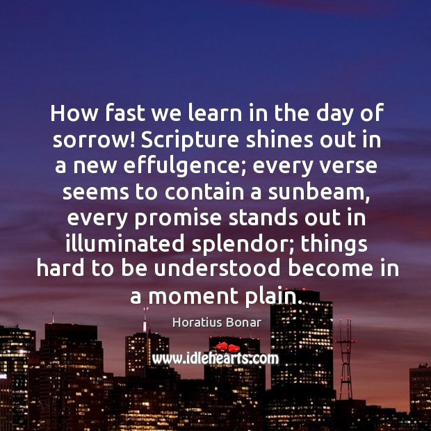 How fast we learn in the day of sorrow! Scripture shines out Horatius Bonar Picture Quote