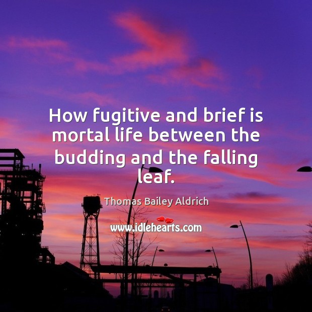How fugitive and brief is mortal life between the budding and the falling leaf. Thomas Bailey Aldrich Picture Quote