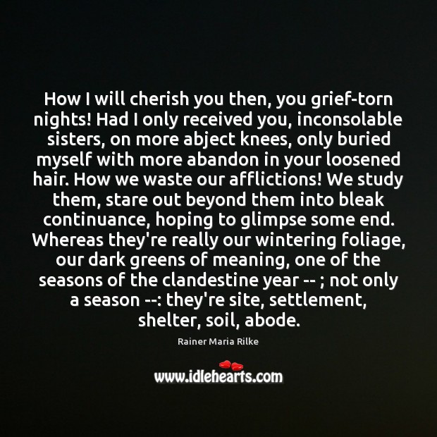 How I will cherish you then, you grief-torn nights! Had I only Rainer Maria Rilke Picture Quote