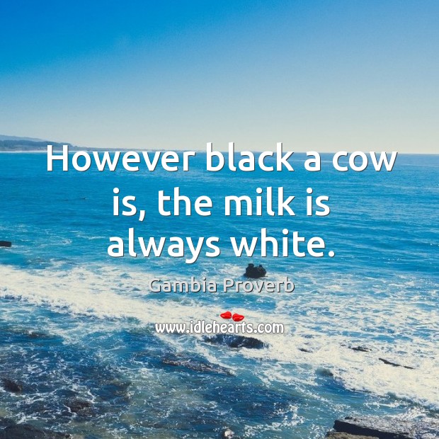 However black a cow is, the milk is always white. Image