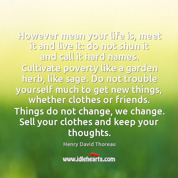 However mean your life is, meet it and live it: do not shun it and call it hard names. Henry David Thoreau Picture Quote