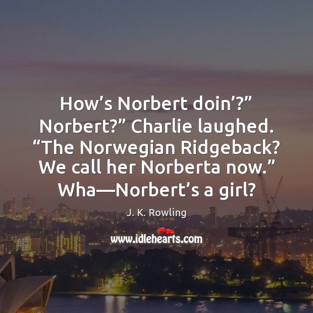 How’s Norbert doin’?” Norbert?” Charlie laughed. “The Norwegian Ridgeback? We call Image