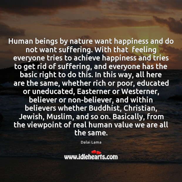Human beings by nature want happiness and do not want suffering. With Dalai Lama Picture Quote