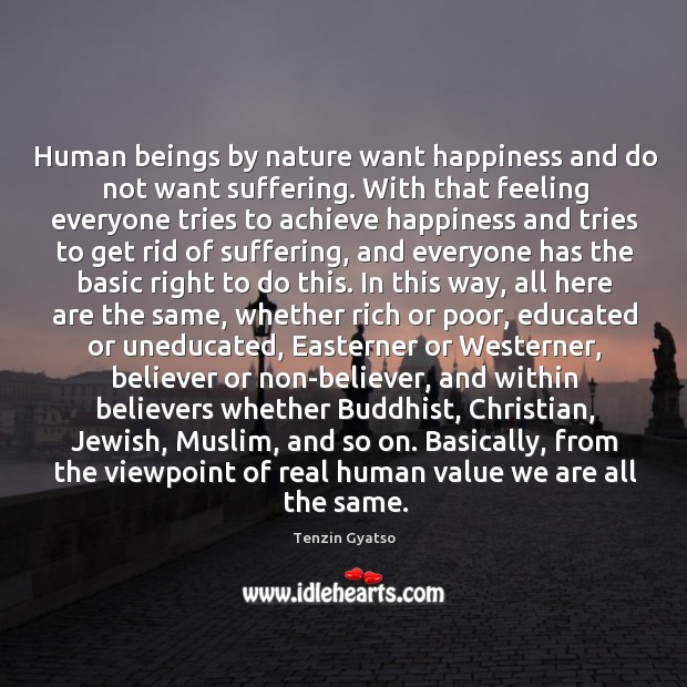 Human beings by nature want happiness and do not want suffering. With that feeling everyone Tenzin Gyatso Picture Quote