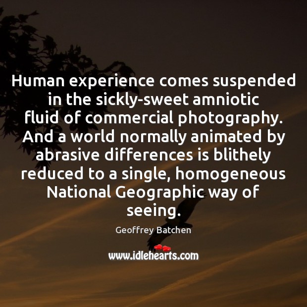 Human experience comes suspended in the sickly-sweet amniotic fluid of commercial photography. Geoffrey Batchen Picture Quote