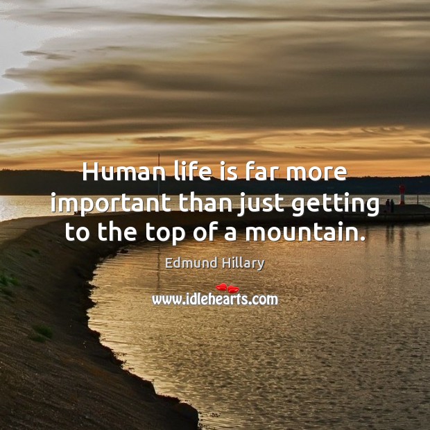 Human life is far more important than just getting to the top of a mountain. Edmund Hillary Picture Quote