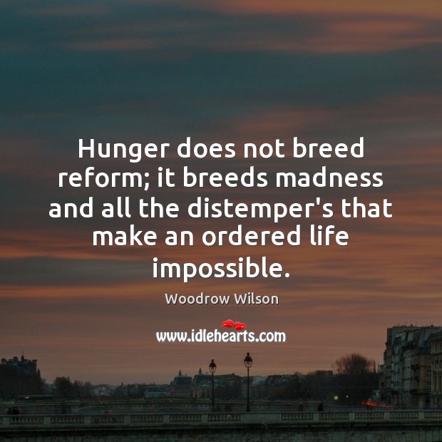 Hunger does not breed reform; it breeds madness and all the distemper’s Woodrow Wilson Picture Quote