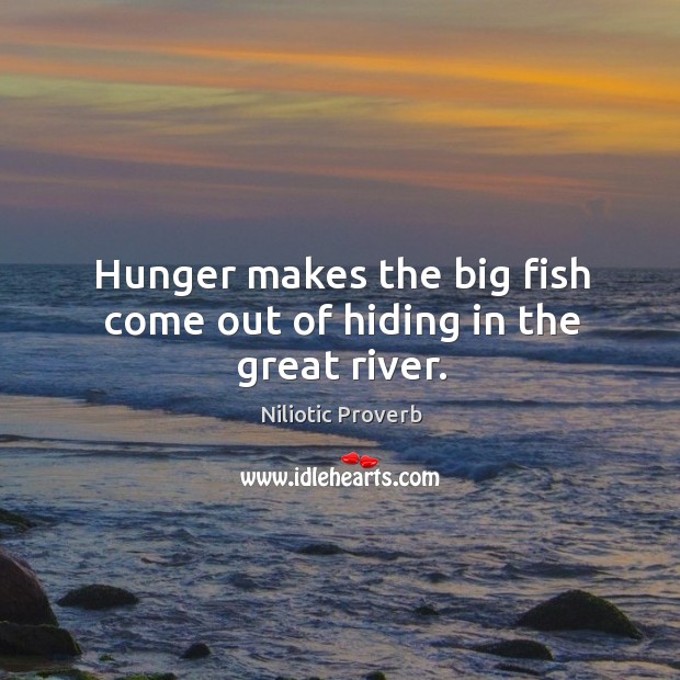 Hunger makes the big fish come out of hiding in the great river. Niliotic Proverbs Image