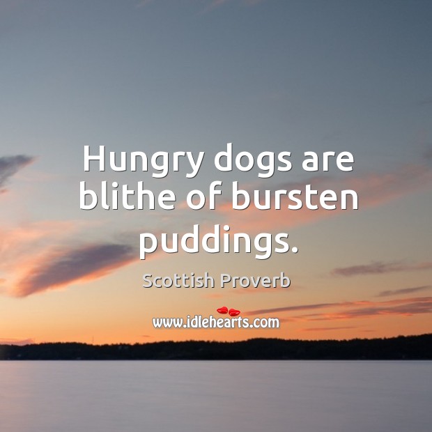 Hungry dogs are blithe of bursten puddings. Scottish Proverbs Image
