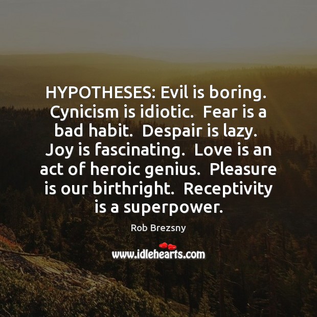 HYPOTHESES: Evil is boring.  Cynicism is idiotic.  Fear is a bad habit. Rob Brezsny Picture Quote