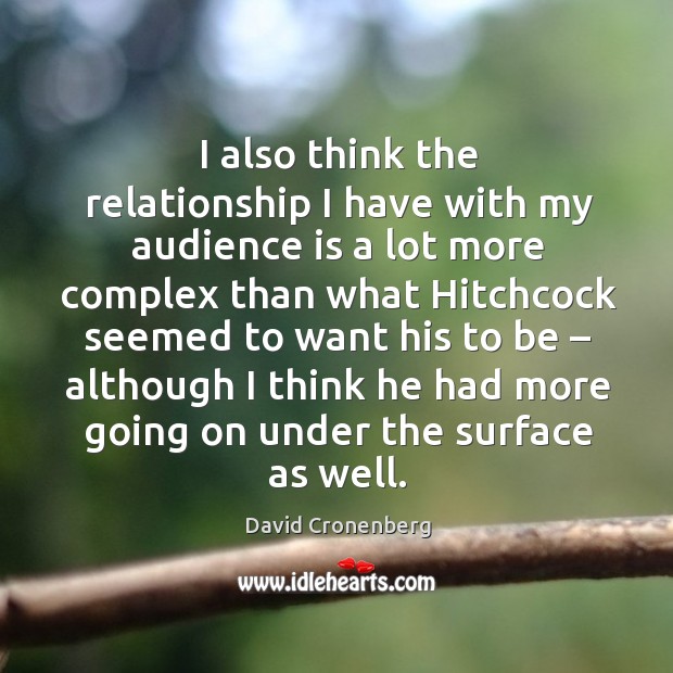 I also think the relationship I have with my audience is a lot more complex than what hitchcock seemed. David Cronenberg Picture Quote