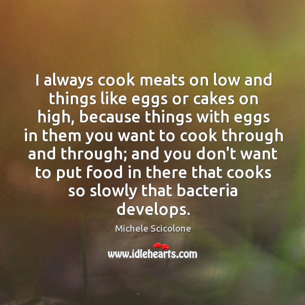 I always cook meats on low and things like eggs or cakes Michele Scicolone Picture Quote