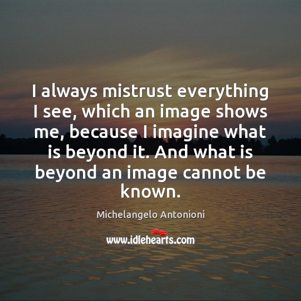 I always mistrust everything I see, which an image shows me, because Michelangelo Antonioni Picture Quote