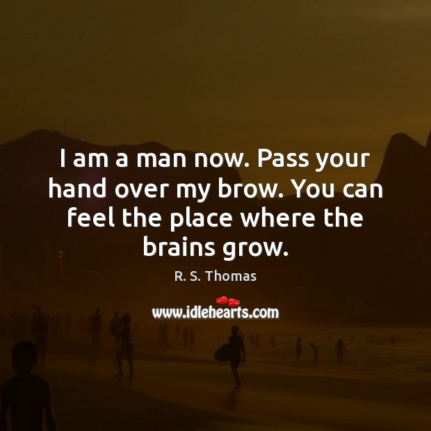 I am a man now. Pass your hand over my brow. You can feel the place where the brains grow. R. S. Thomas Picture Quote