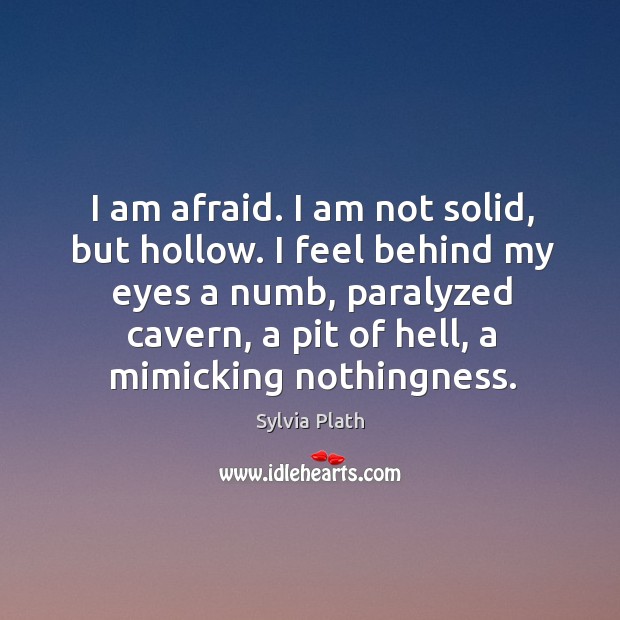 I am afraid. I am not solid, but hollow. I feel behind Sylvia Plath Picture Quote