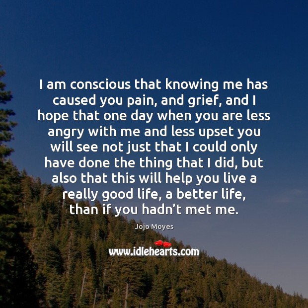I am conscious that knowing me has caused you pain, and grief, Jojo Moyes Picture Quote