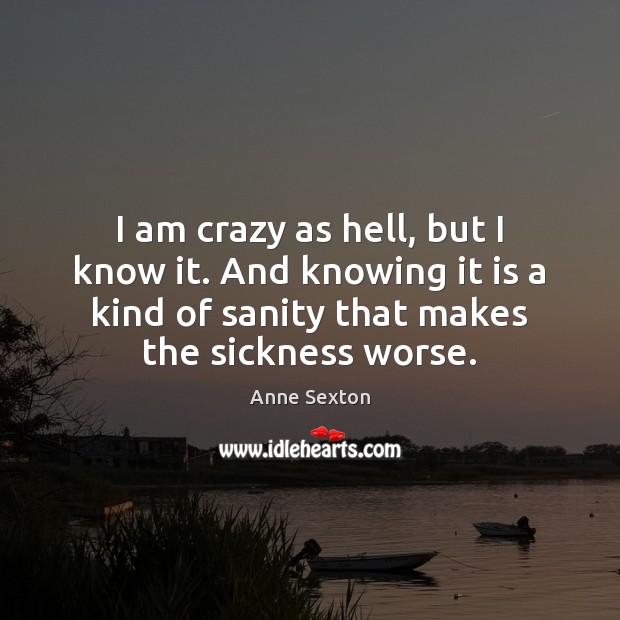 I am crazy as hell, but I know it. And knowing it Anne Sexton Picture Quote