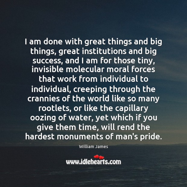 I am done with great things and big things, great institutions and William James Picture Quote