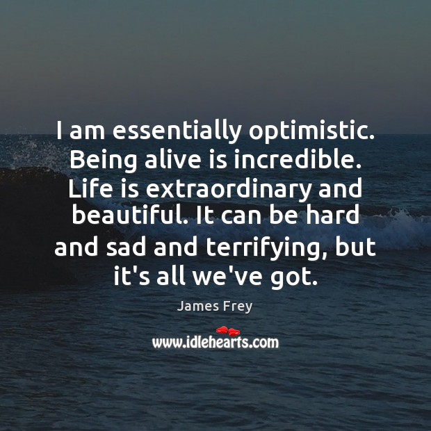 I am essentially optimistic. Being alive is incredible. Life is extraordinary and James Frey Picture Quote