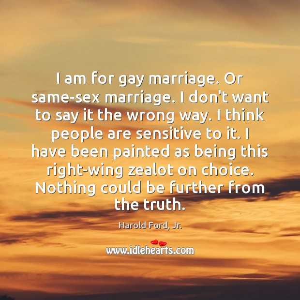 I am for gay marriage. Or same-sex marriage. I don’t want to Harold Ford, Jr. Picture Quote