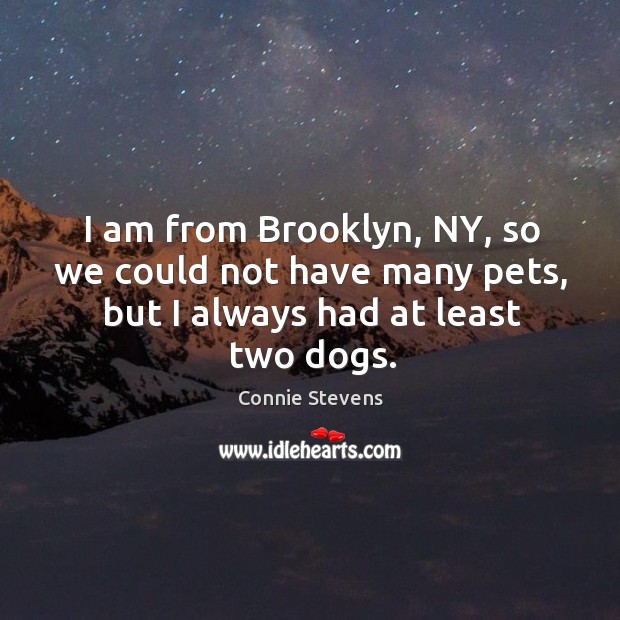 I am from brooklyn, ny, so we could not have many pets, but I always had at least two dogs. Connie Stevens Picture Quote