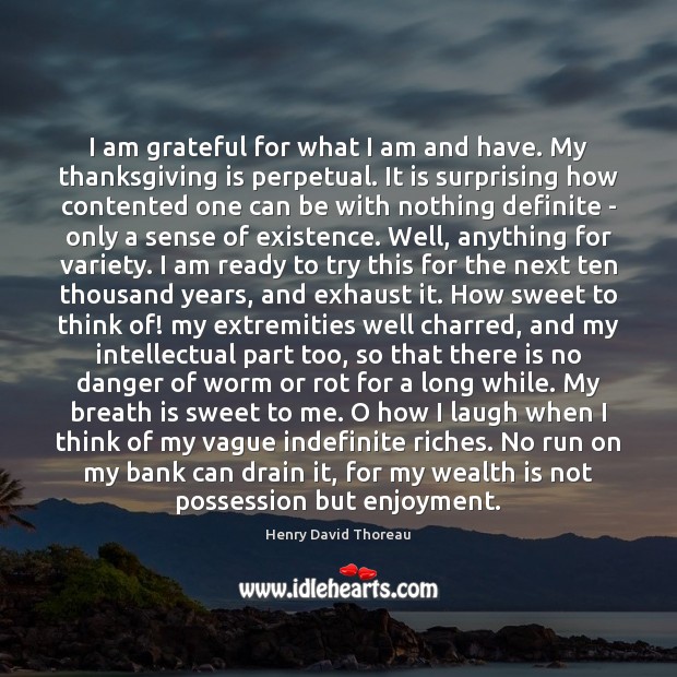 I am grateful for what I am and have. My thanksgiving is Henry David Thoreau Picture Quote
