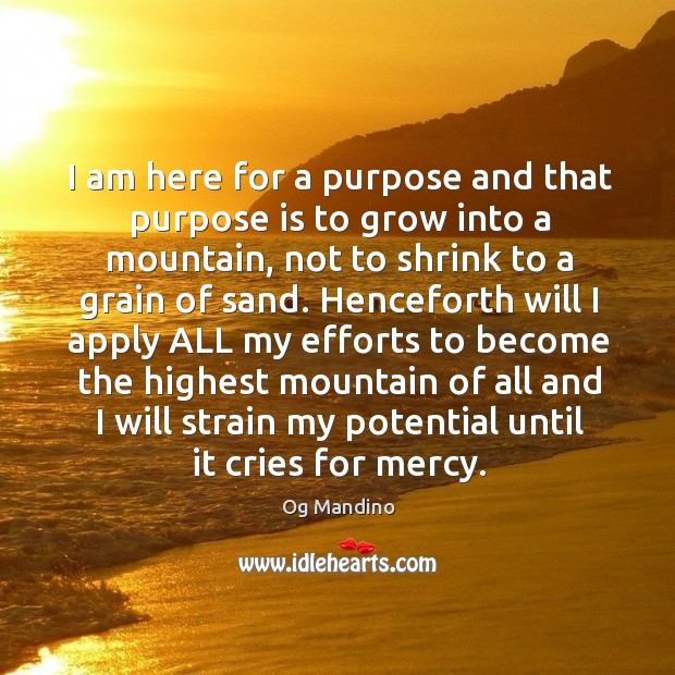 I am here for a purpose and that purpose is to grow into a mountain Og Mandino Picture Quote