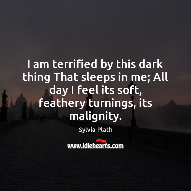 I am terrified by this dark thing That sleeps in me; All Sylvia Plath Picture Quote