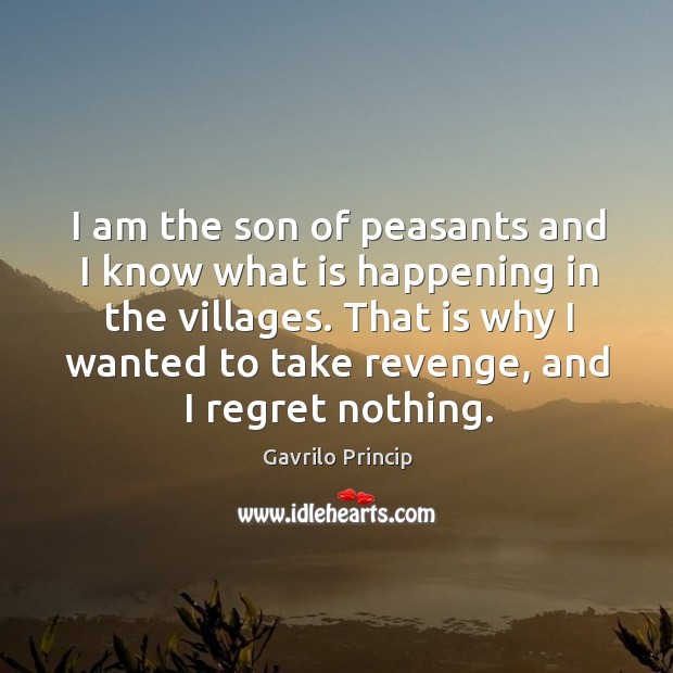 I am the son of peasants and I know what is happening in the villages. That is why I wanted to take revenge, and I regret nothing. Gavrilo Princip Picture Quote
