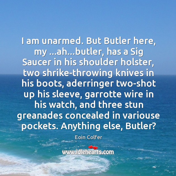 I am unarmed. But Butler here, my …ah…butler, has a Sig Image