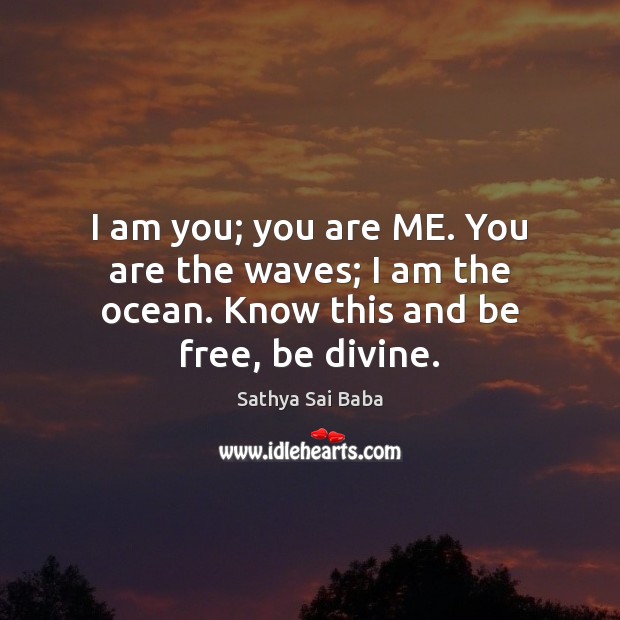 I am you; you are ME. You are the waves; I am the ocean. Know this and be free, be divine. Sathya Sai Baba Picture Quote