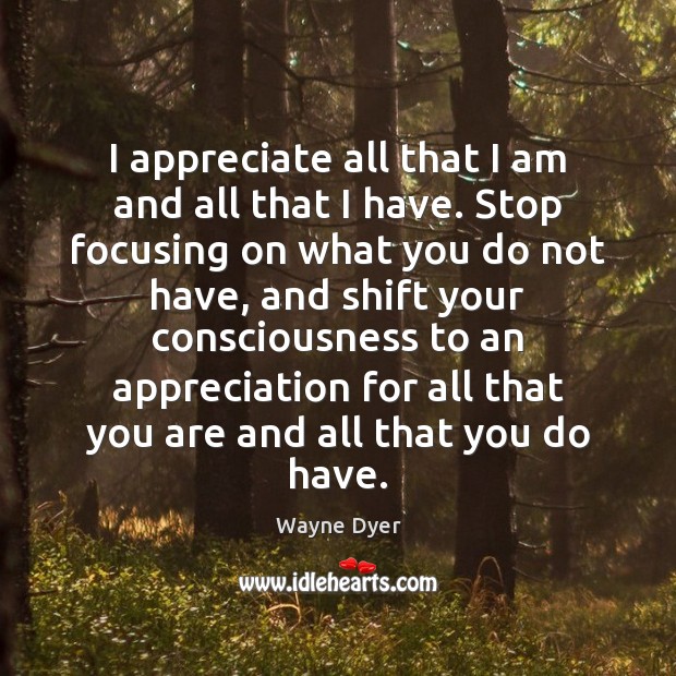 I appreciate all that I am and all that I have. Stop Wayne Dyer Picture Quote