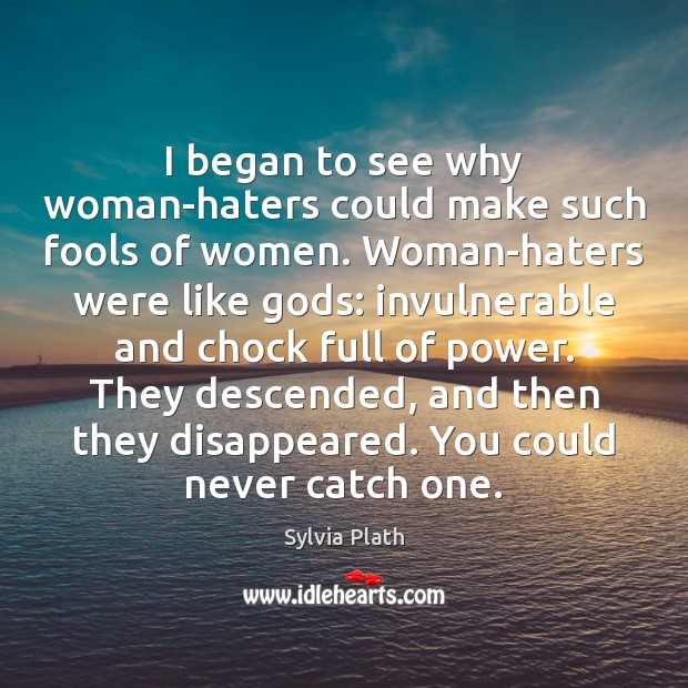 I began to see why woman-haters could make such fools of women. Sylvia Plath Picture Quote
