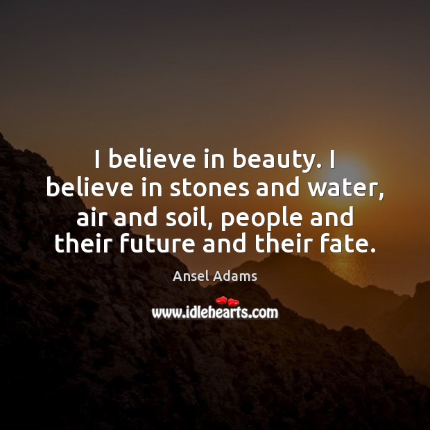 I believe in beauty. I believe in stones and water, air and Ansel Adams Picture Quote