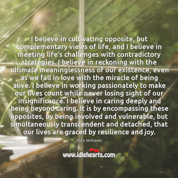 I believe in cultivating opposite, but complementary views of life, and I believe. Image