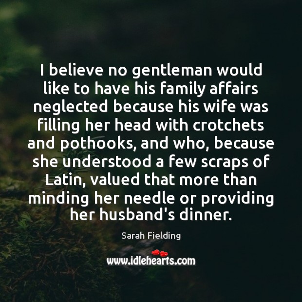 I believe no gentleman would like to have his family affairs neglected Sarah Fielding Picture Quote