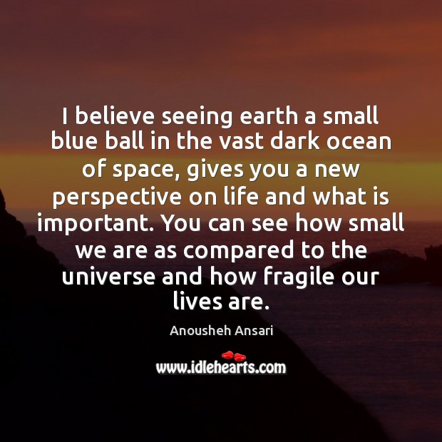 I believe seeing earth a small blue ball in the vast dark Anousheh Ansari Picture Quote